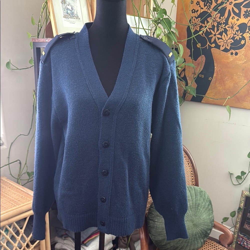 Men’s Mehlin & Estey Military Equipment Navy Blue Epaulets Button Up Cardigan